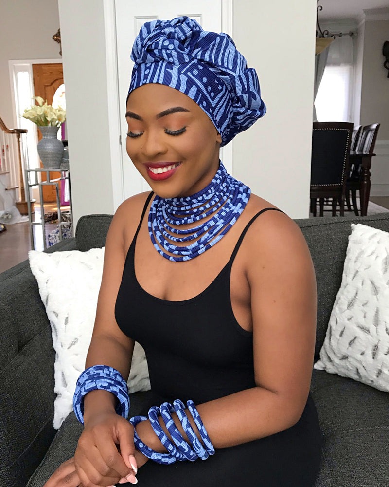 Ndop Blue Set of 2 Africa Print Choker Necklace - Afrilege