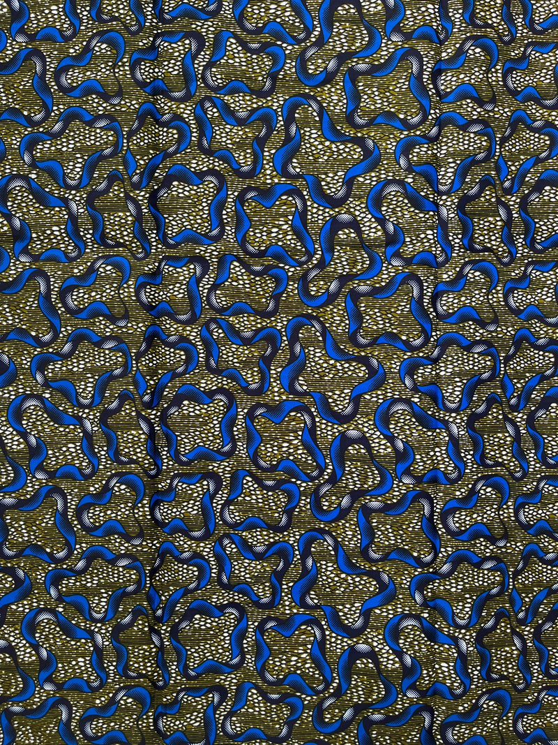 African Wax Print Fabric by The Yard - Olive Green / Blue