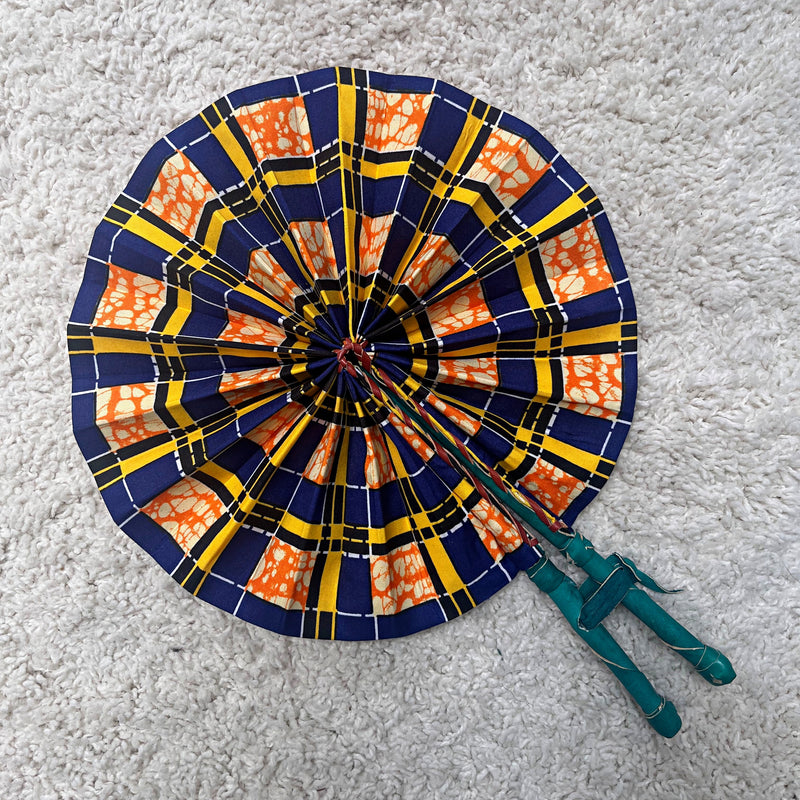 African Print Circle Foldable Handheld Fan - Blue/ Yellow / Orange - Afrilege