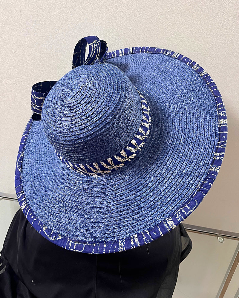 Ndop African Print Straw Church Sun Hat - Blue