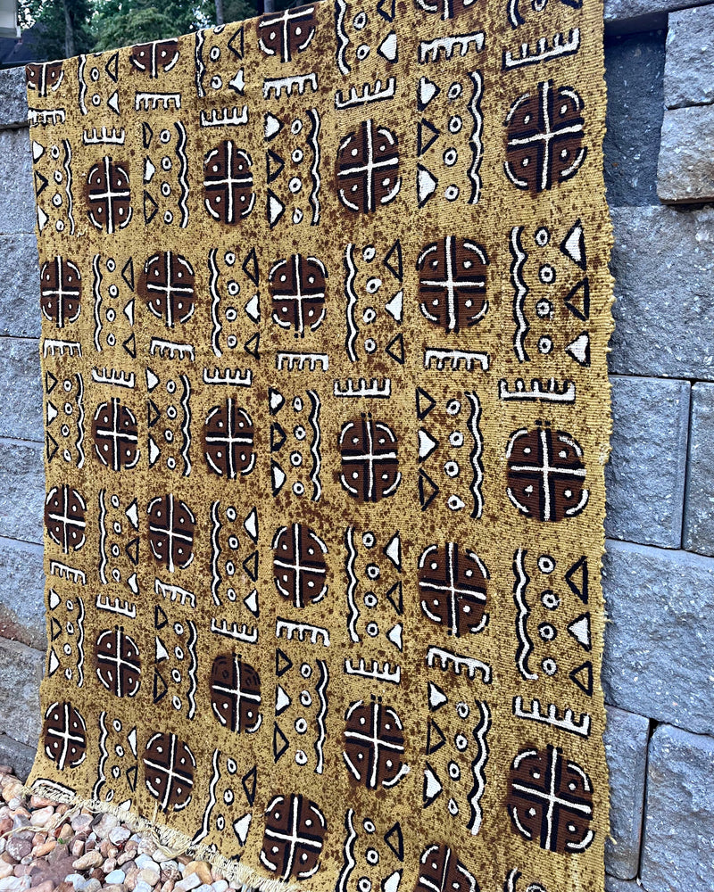 African Bogolan Mud Cloth Handmade Fabric - Mustard / Brown