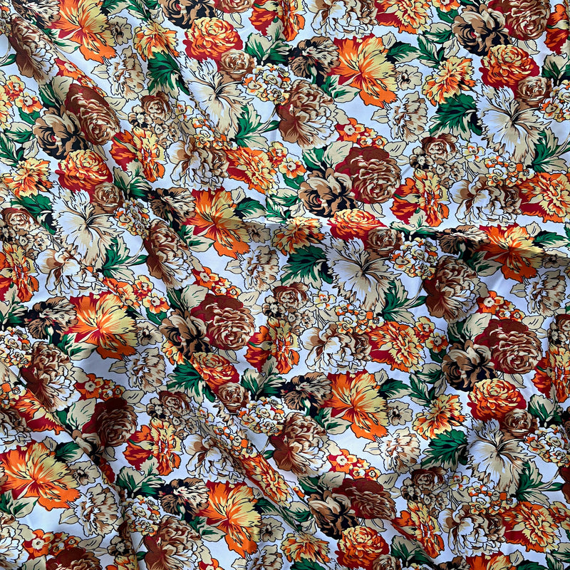 Floral Satin Silk Print Fabric - Orange / Green / Brown