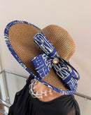 Ndop African Print Straw Church Sun Hat - Brown / Blue - Afrilege
