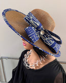 Ndop African Print Straw Church Sun Hat - Brown / Blue - Afrilege