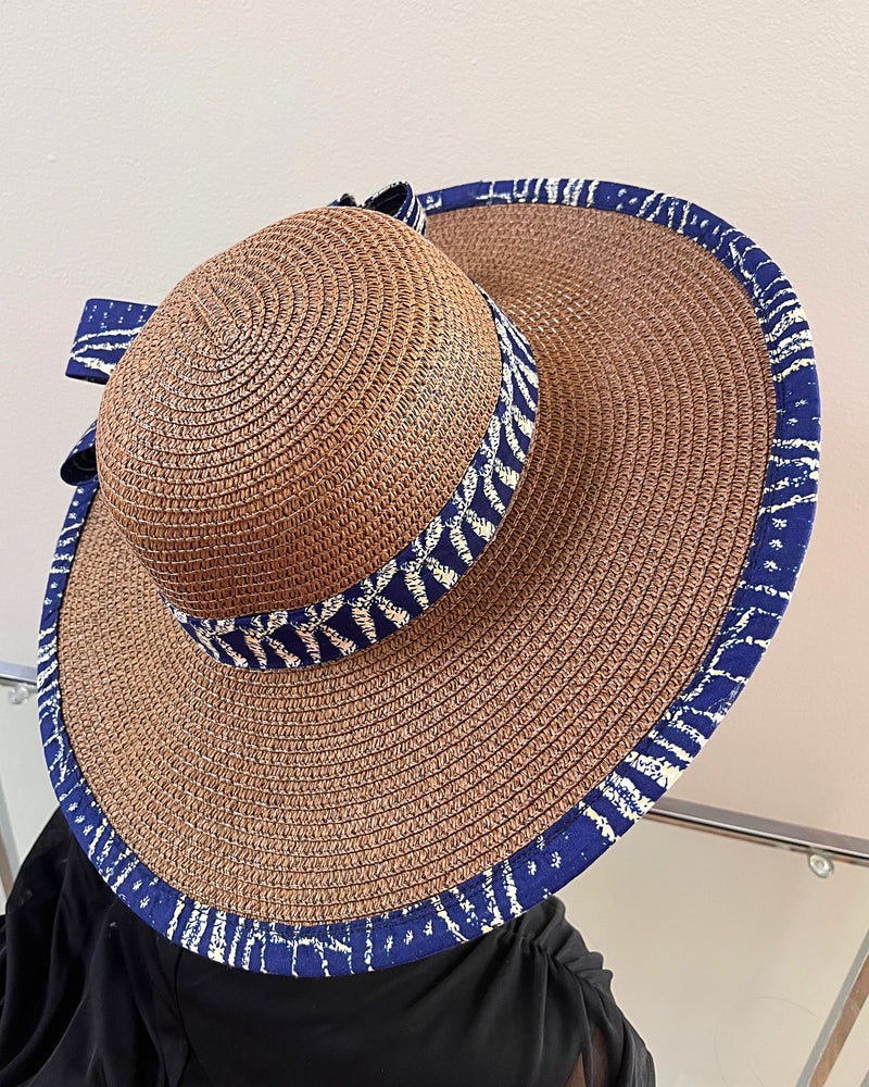 Ndop African Print Straw Church Sun Hat - Brown / Blue