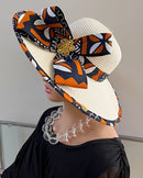Cowria African Print Straw Church Sun Hat - Off-white/ Brown - Afrilege