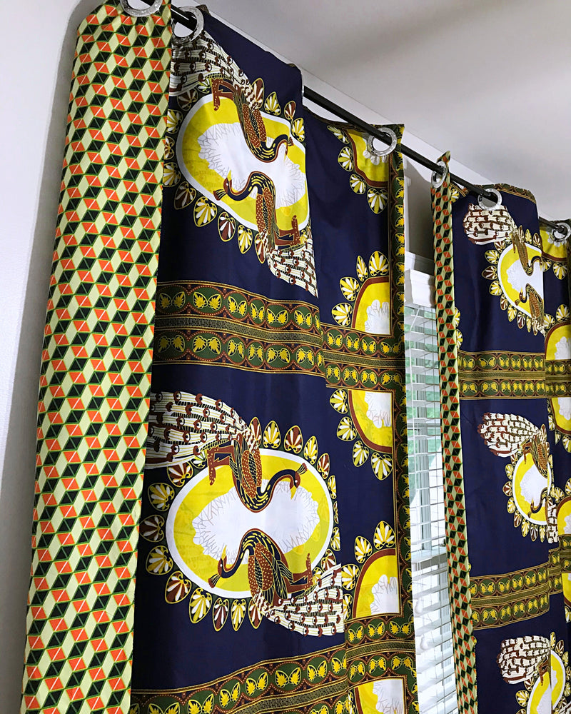 Morowa Double Sided Grommet Top African Print Curtains - Navy Blue / Yellow - Afrilege