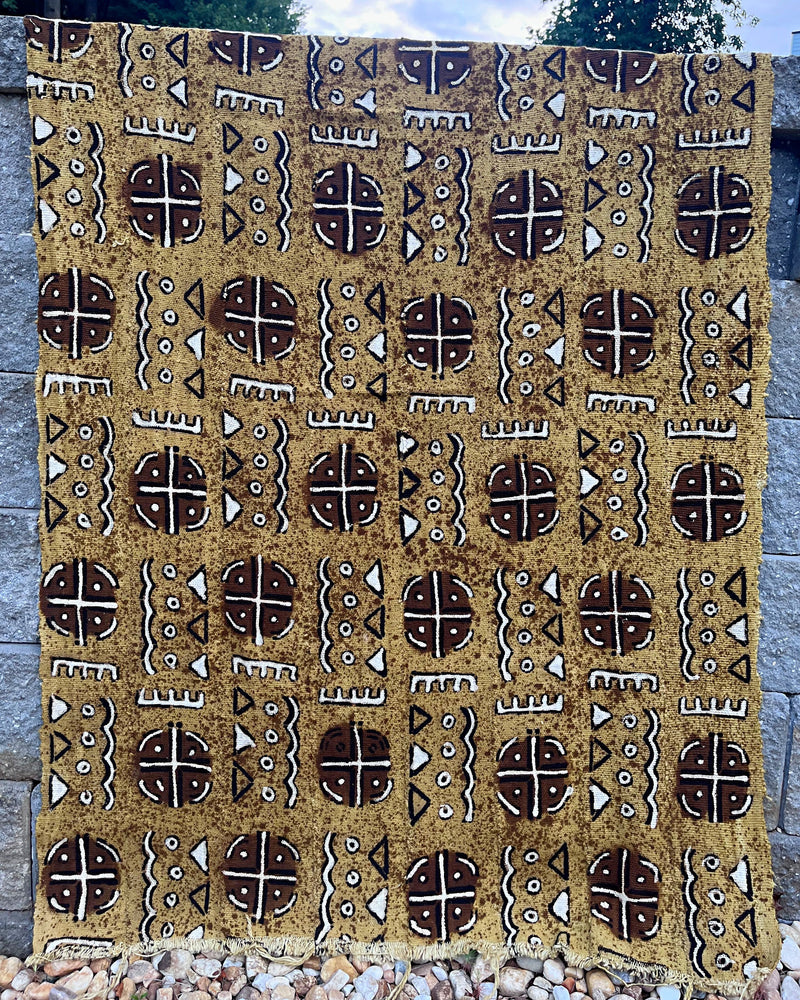 African Bogolan Mud Cloth Handmade Fabric - Mustard / Brown