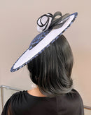 Navy Ndop Fascinator Flat Derby Hat - White / Navy Blue