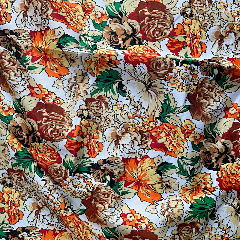 Floral Satin Silk Print Fabric - Orange / Green / Brown