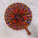 Kente African Print Circle Folding Handheld Fan with Leather Handle - Orange / Blue / Green
