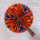 Kente African Print Circle Folding Handheld Fan with Leather Handle - Orange / Blue / Green