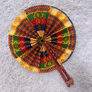 Kente African Print Circle Folding Handheld Fan with Leather Handle - Red / Blue / Green / Gold
