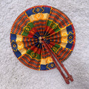 Kente African Print Circle Folding Handheld Fan with Leather Handle - Red / Blue / Green / Gold