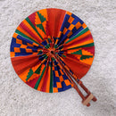 Kente African Print Circle Folding Handheld Fan with Leather Handle - Orange / Blue / Green