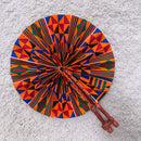 Kente African Print Circle Folding Handheld Fan with Leather Handle - Orange / Blue / Green