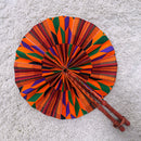 Kente African Print Circle Folding Handheld Fan with Leather Handle - Orange / Purple / Green