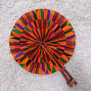 Kente African Print Circle Folding Handheld Fan with Leather Handle - Orange / Purple / Green
