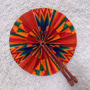 Kente African Print Circle Folding Handheld Fan with Leather Handle - Orange / Blue / Green