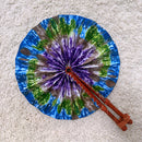 African Print Circle Folding Handheld Fan with Leather Handle - Purple / Green / Grey / Blue