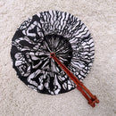 African Print Circle Folding Handheld Fan with Leather Handle - Black / White