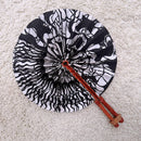 African Print Circle Folding Handheld Fan with Leather Handle - Black / White