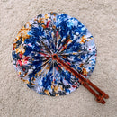 African Print Circle Folding Handheld Fan with Leather Handle - White / Blue / Red / Gray / Gold