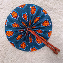 African Print Circle Folding Handheld Fan with Leather Handle - Blue / Orange