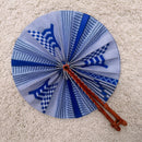 African Print Circle Folding Handheld Fan with Leather Handle - Blue / White