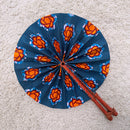 African Print Circle Folding Handheld Fan with Leather Handle - Blue / Orange