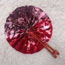 African Print Circle Folding Handheld Fan with Leather Handle - Brown / Red