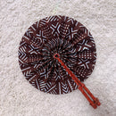 African Print Circle Folding Handheld Fan with Leather Handle - Brown / White