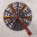 African Print Circle Folding Handheld Fan with Leather Handle - Brown / White / Orange