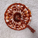 African Print Circle Folding Handheld Fan with Leather Handle - Brown / White/ Orange