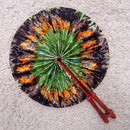 African Print Circle Folding Handheld Fan with Leather Handle - Brown / Orange / Green