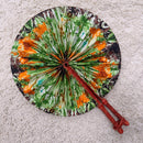 African Print Circle Folding Handheld Fan with Leather Handle - Brown / Orange / Green