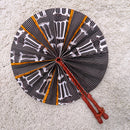 African Print Circle Folding Handheld Fan with Leather Handle - Brown / White / Orange