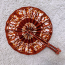 African Print Circle Folding Handheld Fan with Leather Handle - Brown / White/ Orange