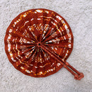 African Print Circle Folding Handheld Fan with Leather Handle - Brown / White/ Orange