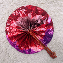 African Print Circle Folding Handheld Fan with Leather Handle - Red / Brown / Purple