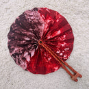 African Print Circle Folding Handheld Fan with Leather Handle - Brown / Red