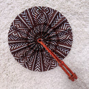 African Print Circle Folding Handheld Fan with Leather Handle - Brown / White
