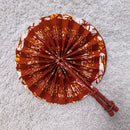 African Print Circle Folding Handheld Fan with Leather Handle - Brown / White/ Orange