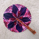 African Print Circle Folding Handheld Fan with Leather Handle - Purple / Red