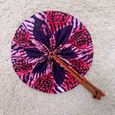 African Print Circle Folding Handheld Fan with Leather Handle - Purple / Red
