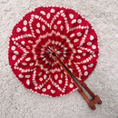 African Print Circle Folding Handheld Fan with Leather Handle - Red / White