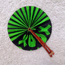 African Print Circle Folding Handheld Fan with Leather Handle - Green / Black