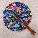 African Print Circle Folding Handheld Fan with Leather Handle - White / Blue / Red / Gray / Green