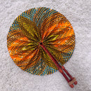 African Print Circle Folding Handheld Fan with Leather Handle - Green / Orange