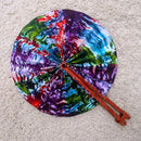 African Print Circle Folding Handheld Fan with Leather Handle - Blue / Purple / Green / Red